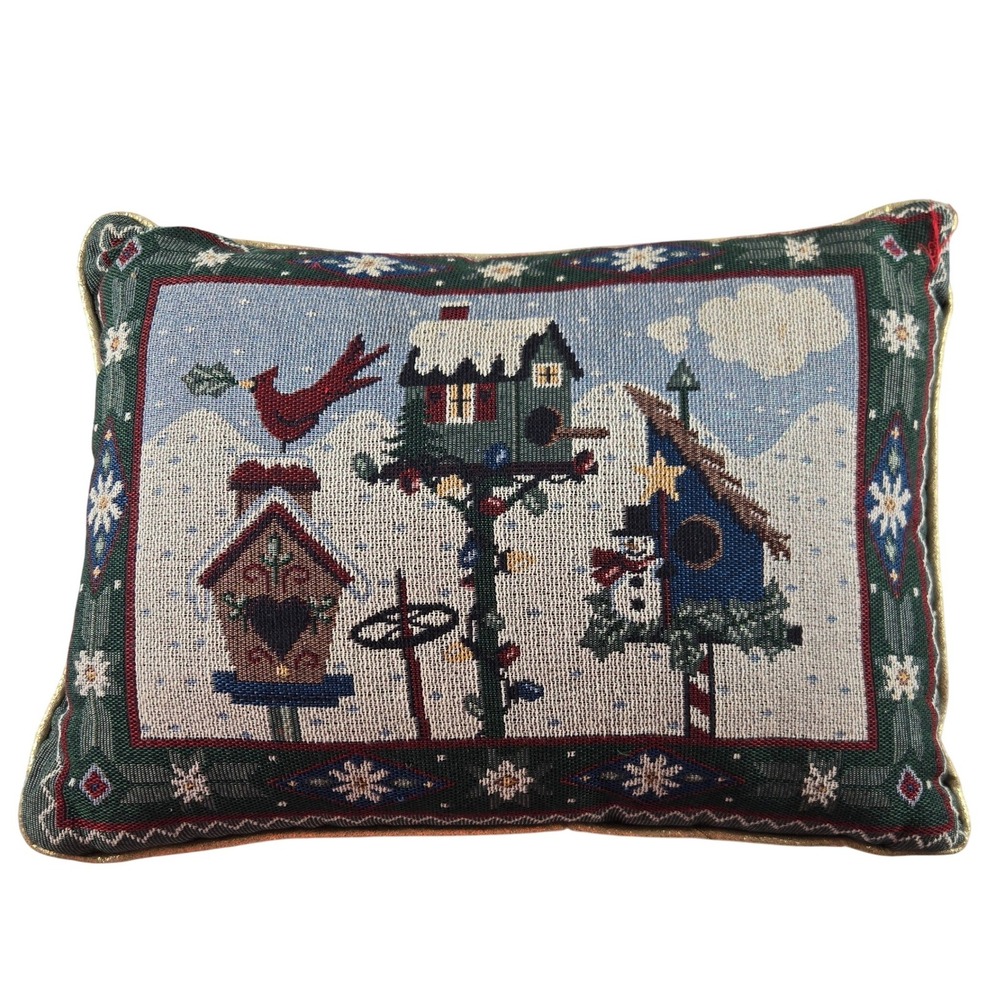 Christmas Tapestry Throw Pillow Snowman Birdhouse Winter Scene 16x12 Needlepoint